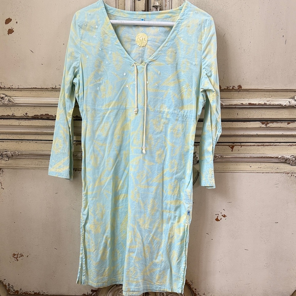 Light Blue & Pale Yellow /aqua V-Neck Tunic Dress/ cover up